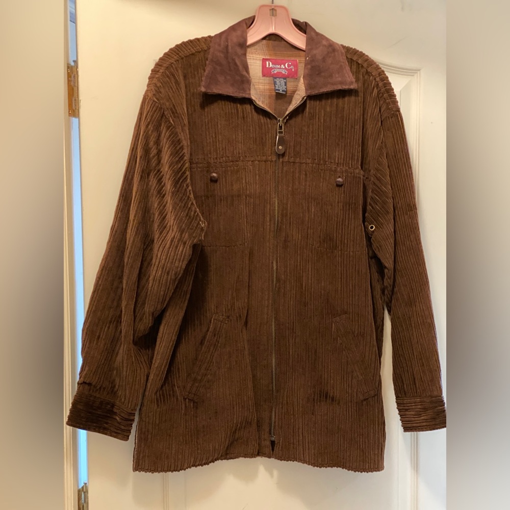 Denim & Co Lined Jacket Trucker Brown Corduroy Suede Collar Long Sleeve Mens